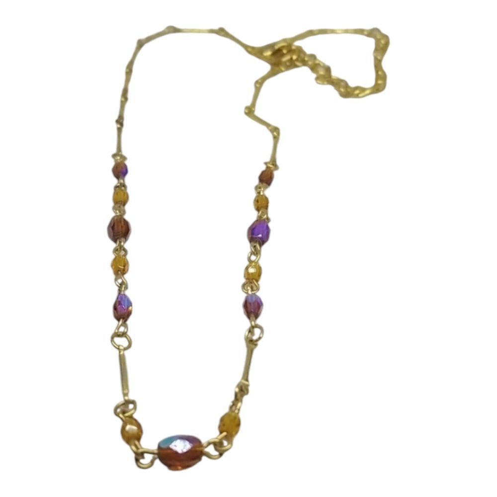 LCI Liz Claiborne Necklace Crystal Brown Beads Gold Tone Links Necklace